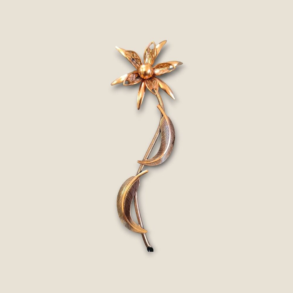 Vintage Gold-Tone Floral Brooch Pin 4" Elegant Copper Leaf & Flower
